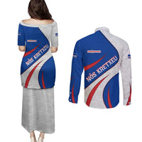 Cape Verde Couples Matching Puletasi and Long Sleeve Button Shirt with Blue Red Flag Nós Kretxeu Spirit