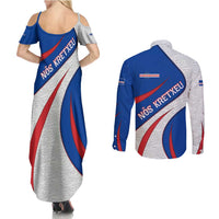 Cape Verde Couples Matching Summer Maxi Dress and Long Sleeve Button Shirt with Blue Red Flag Nós Kretxeu Spirit