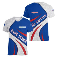 Cape Verde Women V-Neck T-Shirt with Blue Red Flag Nós Kretxeu Spirit