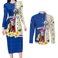 Cape Verde Couples Matching Long Sleeve Bodycon Dress and Long Sleeve Button Shirt with Kingfisher Bird Floral Flag Spirit