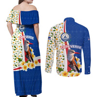 Cape Verde Couples Matching Off Shoulder Maxi Dress and Long Sleeve Button Shirt with Kingfisher Bird Floral Flag Spirit