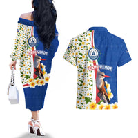 Cape Verde Couples Matching Off The Shoulder Long Sleeve Dress and Hawaiian Shirt with Kingfisher Bird Floral Flag Spirit
