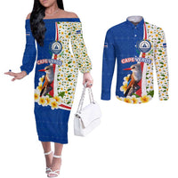 Cape Verde Couples Matching Off The Shoulder Long Sleeve Dress and Long Sleeve Button Shirt with Kingfisher Bird Floral Flag Spirit