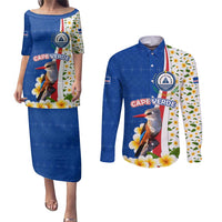 Cape Verde Couples Matching Puletasi and Long Sleeve Button Shirt with Kingfisher Bird Floral Flag Spirit