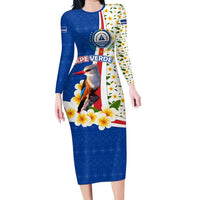 Cape Verde Long Sleeve Bodycon Dress with Kingfisher Bird Floral Flag Spirit
