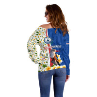 Cape Verde Off Shoulder Sweater with Kingfisher Bird Floral Flag Spirit