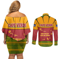 Cape Verde Couples Matching Off Shoulder Short Dress and Long Sleeve Button Shirt with One Heart Ten Islands National Emblem Spirit
