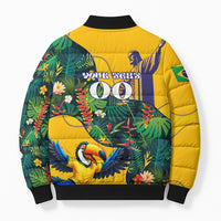 Personalized Brazil Soccer Bomber Puffer Jacket Toucan Football Mascot - Christ the Redeemer - Tropical Floral