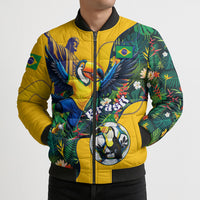 Personalized Brazil Soccer Bomber Puffer Jacket Toucan Football Mascot - Christ the Redeemer - Tropical Floral