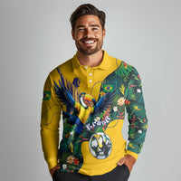 Personalized Brazil Soccer Long Sleeve Polo Shirt Toucan Football Mascot - Christ the Redeemer - Tropical Floral