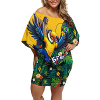 Personalized Brazil Soccer Off Shoulder Short Dress Toucan Football Mascot - Christ the Redeemer - Tropical Floral