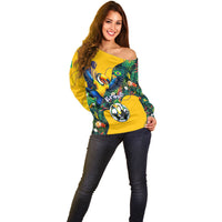 Personalized Brazil Soccer Off Shoulder Sweater Toucan Football Mascot - Christ the Redeemer - Tropical Floral