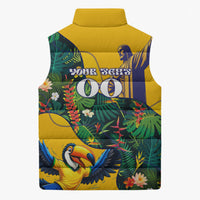 Personalized Brazil Soccer Sleeveless Puffer Jacket Toucan Football Mascot - Christ the Redeemer - Tropical Floral