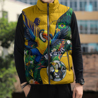 Personalized Brazil Soccer Sleeveless Puffer Jacket Toucan Football Mascot - Christ the Redeemer - Tropical Floral