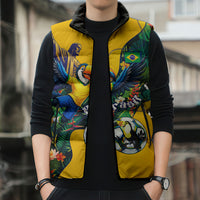 Personalized Brazil Soccer Sleeveless Puffer Jacket Toucan Football Mascot - Christ the Redeemer - Tropical Floral