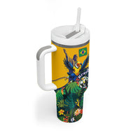 Personalized Brazil Soccer Tumbler With Handle Toucan Football Mascot - Christ the Redeemer - Tropical Floral