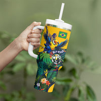 Personalized Brazil Soccer Tumbler With Handle Toucan Football Mascot - Christ the Redeemer - Tropical Floral