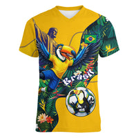 Personalized Brazil Soccer Women V-Neck T-Shirt Toucan Football Mascot - Christ the Redeemer - Tropical Floral