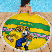 Personalized Brazil Soccer Beach Blanket Jaguar Football Mascot - National Flag and Floral Accents