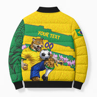 Personalized Brazil Soccer Bomber Puffer Jacket Jaguar Football Mascot - National Flag and Floral Accents