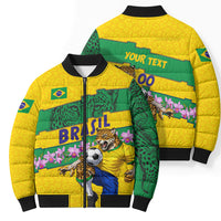 Personalized Brazil Soccer Bomber Puffer Jacket Jaguar Football Mascot - National Flag and Floral Accents