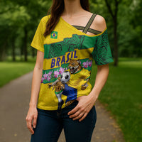 Personalized Brazil Soccer Cross Shoulder Shirt Jaguar Football Mascot - National Flag and Floral Accents