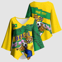 Personalized Brazil Soccer Kimono Sleeve Blouse Jaguar Football Mascot - National Flag and Floral Accents