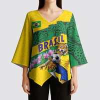 Personalized Brazil Soccer Kimono Sleeve Blouse Jaguar Football Mascot - National Flag and Floral Accents