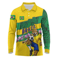 Personalized Brazil Soccer Long Sleeve Polo Shirt Jaguar Football Mascot - National Flag and Floral Accents