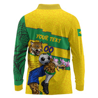 Personalized Brazil Soccer Long Sleeve Polo Shirt Jaguar Football Mascot - National Flag and Floral Accents