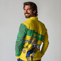 Personalized Brazil Soccer Long Sleeve Polo Shirt Jaguar Football Mascot - National Flag and Floral Accents