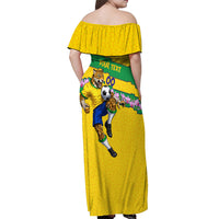 Personalized Brazil Soccer Off Shoulder Maxi Dress Jaguar Football Mascot - National Flag and Floral Accents