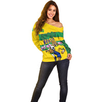 Personalized Brazil Soccer Off Shoulder Sweater Jaguar Football Mascot - National Flag and Floral Accents
