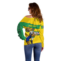 Personalized Brazil Soccer Off Shoulder Sweater Jaguar Football Mascot - National Flag and Floral Accents