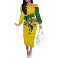 Personalized Brazil Soccer Off The Shoulder Long Sleeve Dress Jaguar Football Mascot - National Flag and Floral Accents