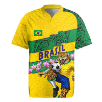 Personalized Brazil Soccer Rugby Jersey Jaguar Football Mascot - National Flag and Floral Accents