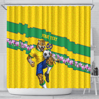 Personalized Brazil Soccer Shower Curtain Jaguar Football Mascot - National Flag and Floral Accents