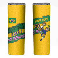 Personalized Brazil Soccer Skinny Tumbler Jaguar Football Mascot - National Flag and Floral Accents