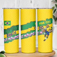 Personalized Brazil Soccer Skinny Tumbler Jaguar Football Mascot - National Flag and Floral Accents