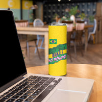 Personalized Brazil Soccer Skinny Tumbler Jaguar Football Mascot - National Flag and Floral Accents