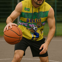 Personalized Brazil Soccer Sleeveless Hoodie Jaguar Football Mascot - National Flag and Floral Accents