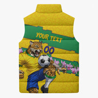 Personalized Brazil Soccer Sleeveless Puffer Jacket Jaguar Football Mascot - National Flag and Floral Accents