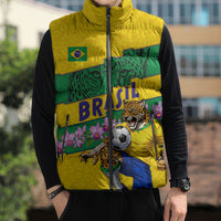 Personalized Brazil Soccer Sleeveless Puffer Jacket Jaguar Football Mascot - National Flag and Floral Accents