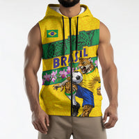 Personalized Brazil Soccer Sleeveless Zip Hoodie Jaguar Football Mascot - National Flag and Floral Accents