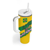 Personalized Brazil Soccer Tumbler With Handle Jaguar Football Mascot - National Flag and Floral Accents