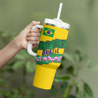 Personalized Brazil Soccer Tumbler With Handle Jaguar Football Mascot - National Flag and Floral Accents