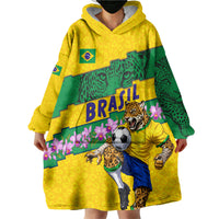 Personalized Brazil Soccer Wearable Blanket Hoodie Jaguar Football Mascot - National Flag and Floral Accents