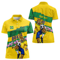 Personalized Brazil Soccer Women Polo Shirt Jaguar Football Mascot - National Flag and Floral Accents