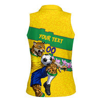 Personalized Brazil Soccer Women Sleeveless Polo Shirt Jaguar Football Mascot - National Flag and Floral Accents