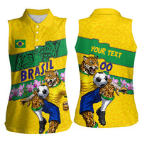 Personalized Brazil Soccer Women Sleeveless Polo Shirt Jaguar Football Mascot - National Flag and Floral Accents
